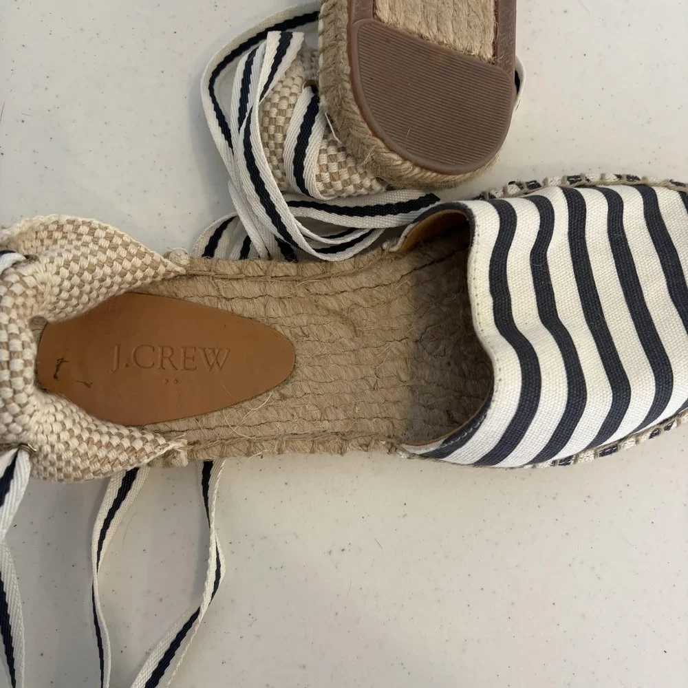 J Crew Shoes Womens Size 8 Navy Ivory‎ Espadrille Stripe Ankle Tie Flats Summer